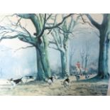 Donald Grant, lithographic print, hunting scene with pack in beechwoods, tiled Giving Chase,