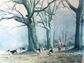 Donald Grant, lithographic print, hunting scene with pack in beechwoods, tiled Giving Chase,