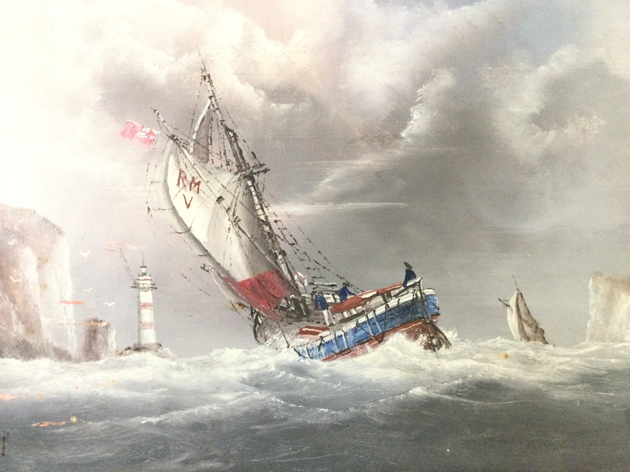 PJ Winthrop, oil on board, shipping off the Needles in a squall, signed and gilt framed. (18.75in