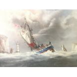PJ Winthrop, oil on board, shipping off the Needles in a squall, signed and gilt framed. (18.75in