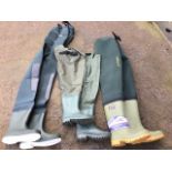 A pair of new Snowbee chest waders - size 10; a pair of Ron Thompson thigh waders - size 6/7; and