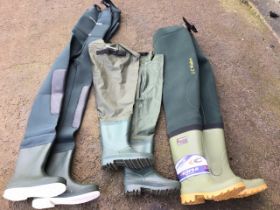 A pair of new Snowbee chest waders - size 10; a pair of Ron Thompson thigh waders - size 6/7; and