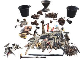 Miscellaneous tools and gardening equipment, including a wood plane, a rasp, brace and bits,