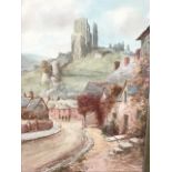 F Parr, late nineteenth century watercolour, cottage street scene with ruin on hill, signed, mounted