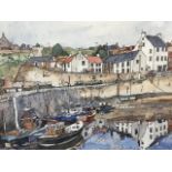 Ian Leonard, pen and watercolour, quayside scene with boats, houses and figures, signed, mounted &