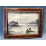 Late Victorian watercolour, moonlight loch landscape with fishermen in boat, in satinwood