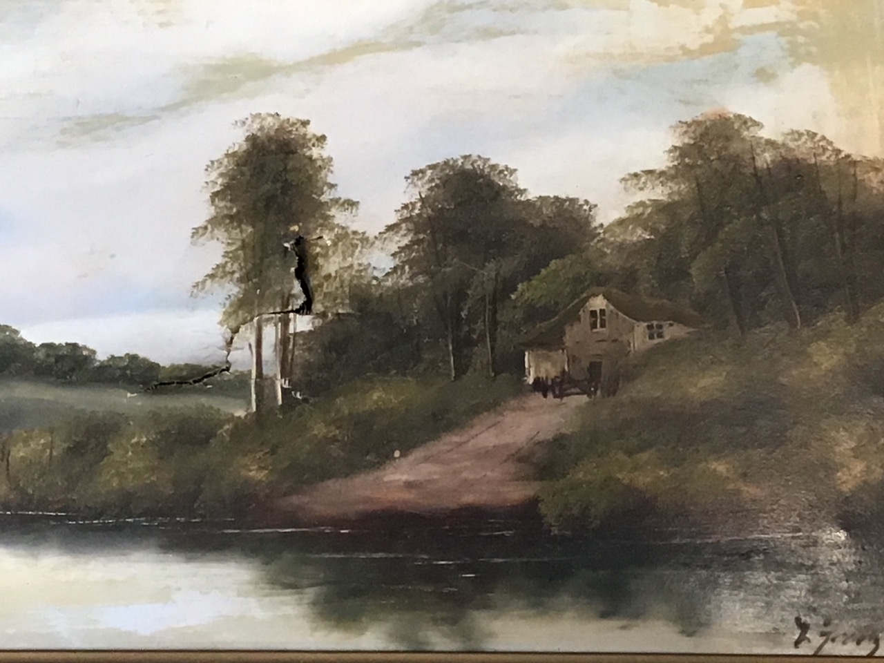Late Victorian oils on canvas, a pair, water landscapes with bridge and waterside house, signed - Bild 2 aus 3