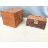 A Victorian mahogany box with brass mounts, opening to compartments with secondary access