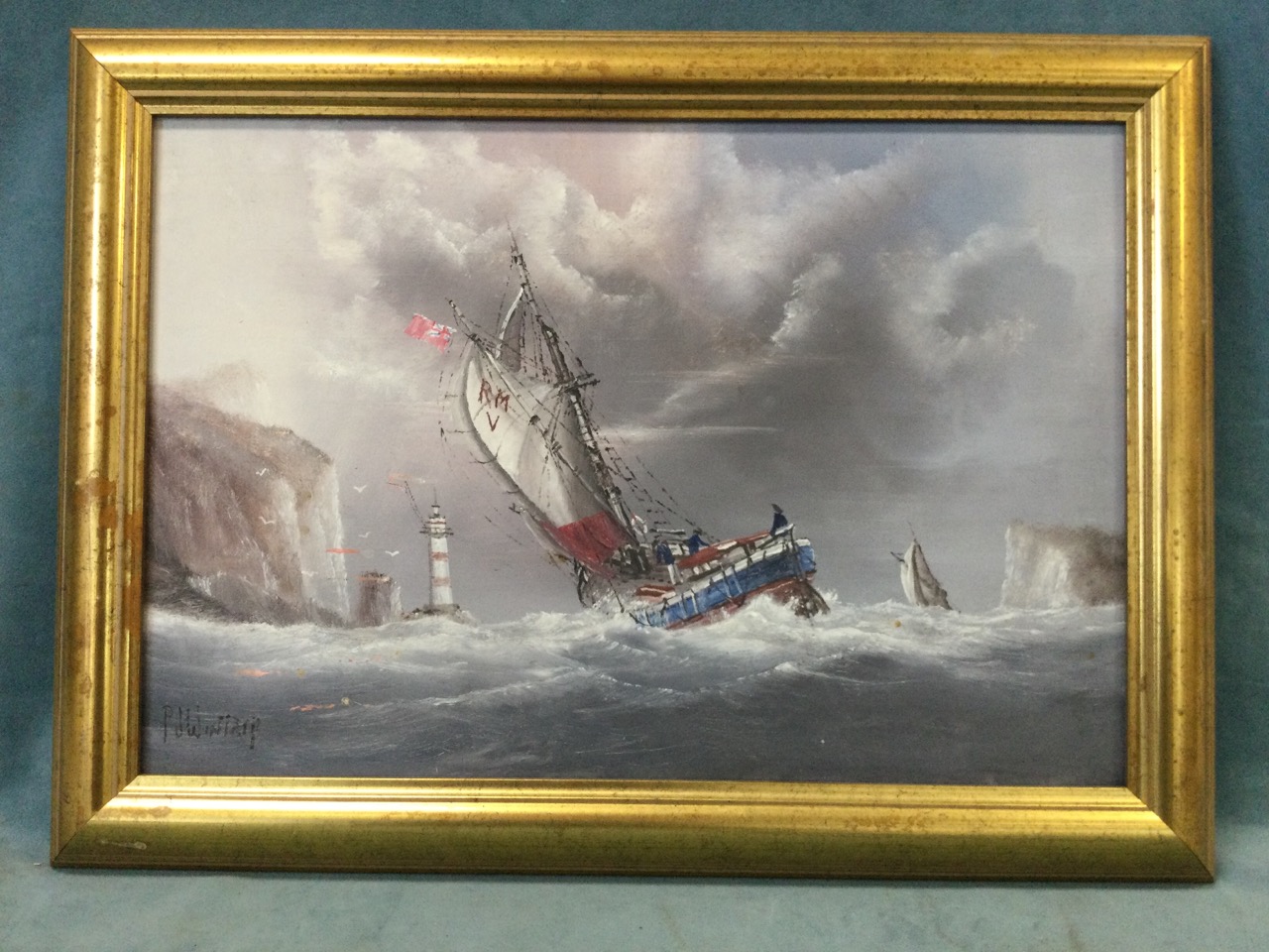 PJ Winthrop, oil on board, shipping off the Needles in a squall, signed and gilt framed. (18.75in - Image 2 of 3