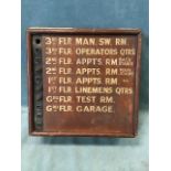 An Edwardian mahogany framed callers noticeboard with lights for various apartments and rooms, the