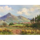 Vittorio Cirefice, oil on canvas, landscape with hills behind village, signed & framed. (15.5in x