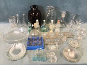 Miscellaneous glass including sets of plates, demi-johns, bowls, decanters, Italian, bottles,