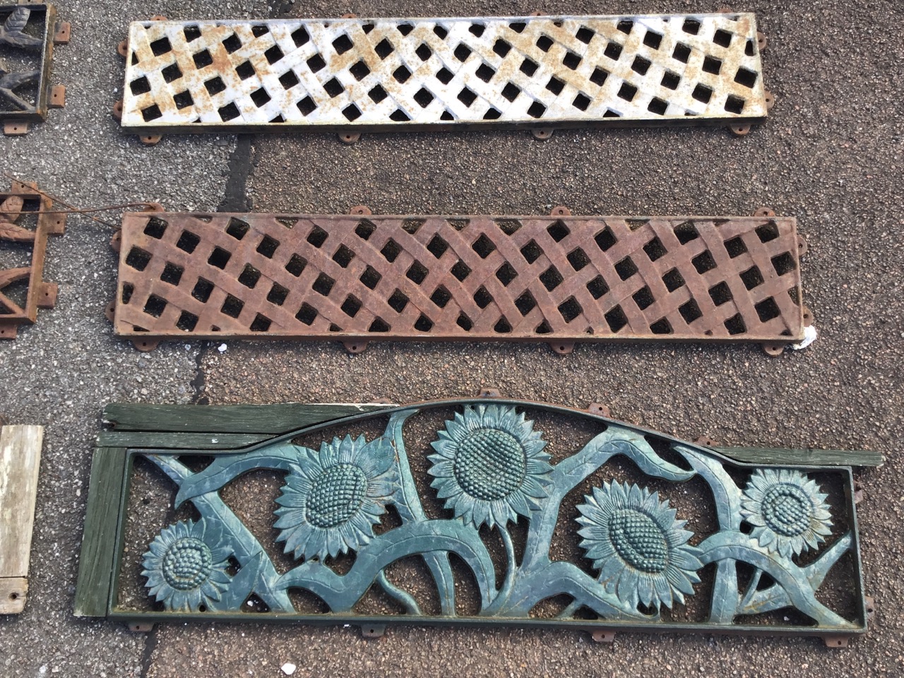 A set of three rectangular cast iron pierced panels from bench backs, decorated with entwined - Image 3 of 3