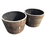 A pair of oak garden barrel tubs, each having staves framed by three riveted metal strap bands. (