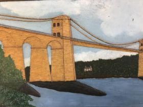 A 20th century folk art matchstick picture of Thomas Telfords Menai suspension bridge of 1820,