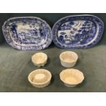 An early 19th century blue and white earthenware meat plate with gravy well, printed with