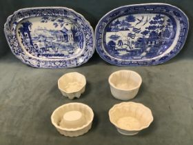 An early 19th century blue and white earthenware meat plate with gravy well, printed with