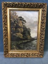 Sheila Ballard, oil on canvasboard, water landscape with trees, signed and in foliate scrolled