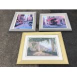 H Liu, a pair of oleographic prints depicting streetscenes and cafes; and a large landscape print