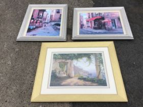 H Liu, a pair of oleographic prints depicting streetscenes and cafes; and a large landscape print