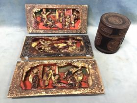 Three antique Chinese carved, gilt and mother-of-pearl inlaid wood panels depicting interior