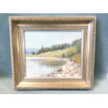 Rita Stirk, oil on board, water landscape, signed, labelled to verso Deer Forrest, Galloway, framed.