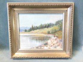 Rita Stirk, oil on board, water landscape, signed, labelled to verso Deer Forrest, Galloway, framed.