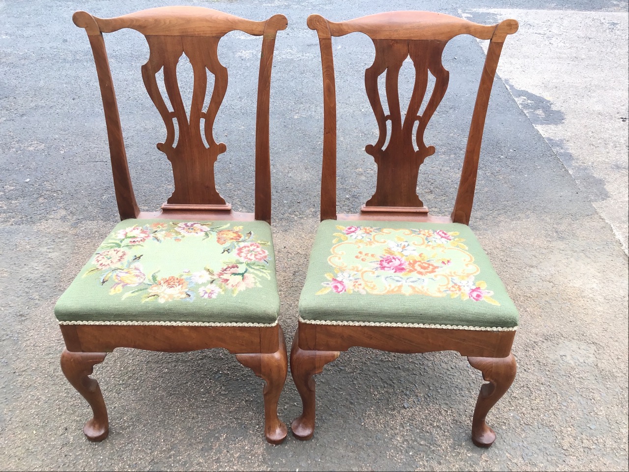 A pair of George II walnut side chairs, the undulating rails above pierced vase splats, the - Image 2 of 3