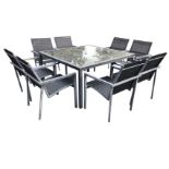 A square garden table with glass top pierced for sunshade, and a set of eight metal framed chairs