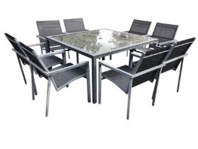 A square garden table with glass top pierced for sunshade, and a set of eight metal framed chairs