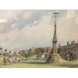 Fred Stott, watercolour, Norham landscape with village cross and castle in the distance, signed