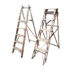 A set of Heatherley folding pine steps with five treads - 50.5in; and another with four treads and