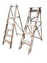 A set of Heatherley folding pine steps with five treads - 50.5in; and another with four treads and