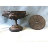 A classical-style cast bronze handled comport with female masks and vine leaves, raised on tall