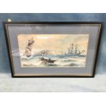 An Edwardian watercolour, fishing vessels, a lugger, lobster potters in a coble and a