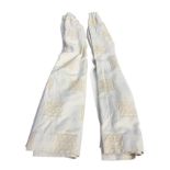 A pair of lined cream-coloured curtains with woven celtic knot square panelled design. (81.5in) (2)
