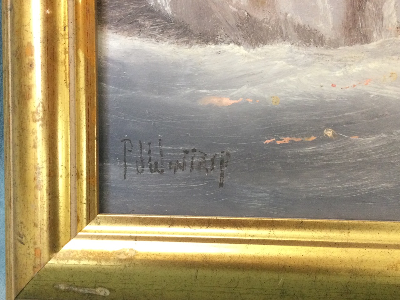 PJ Winthrop, oil on board, shipping off the Needles in a squall, signed and gilt framed. (18.75in - Image 3 of 3