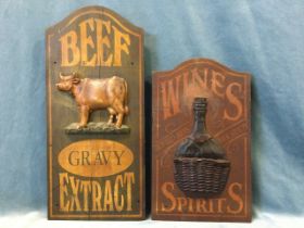 A reproduction wines & spirits sign with applied basketweave bottle to rectangular panel; and
