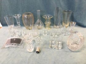 Miscellaneous glass including vases, a decanter, a cut crystal basket, tumblers, glasses, a