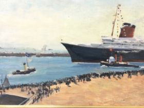 Paul Maze, oil on canvas, ship leaving quayside with two tugboats, flags on ship and figures on