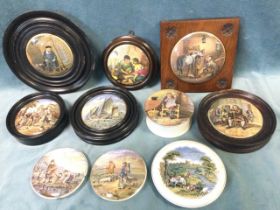 A collection of Victorian pot lids - mainly framed, The Village Wedding, Dr Johnson, The Times,