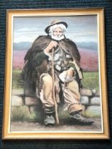 John Foster, pastel study of an old man seated on wall, signed, exhibition label to verso titled