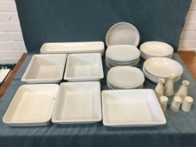 Miscellaneous white glazed ceramics, Utopia tableware, including rectangular oven dishes, a flan