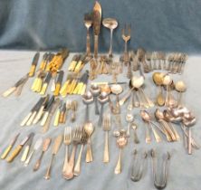 Miscellaneous silver plated and steel cutlery including dinner knives & forks, fish knives &