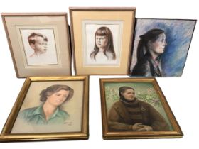 Five family portraits of young people - a pair of pencil & pastel signed Gilroy, mounted & oak