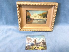 An early C20th miniature oil on panel of a Polish waterside palace, signed AN and gilt framed - 4.
