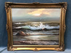 Claude Terray, oil on board, coastal view with stormy sea and seagulls, signed and in gilt swept