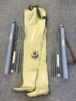 Two Airflo four-piece carbon fibre fly rods, 9 ft & 10 ft - with tubes; a pair of unused Caperlan