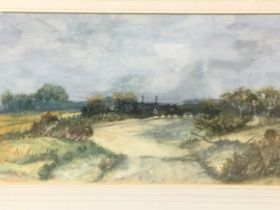 C20th watercolour, river landscape with cottage and smoking chimneys, unsigned, mounted & framed. (