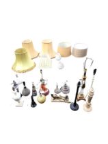 A collection of miscellaneous tablelamps & shades - glass, metal, column, alabaster, a spelter